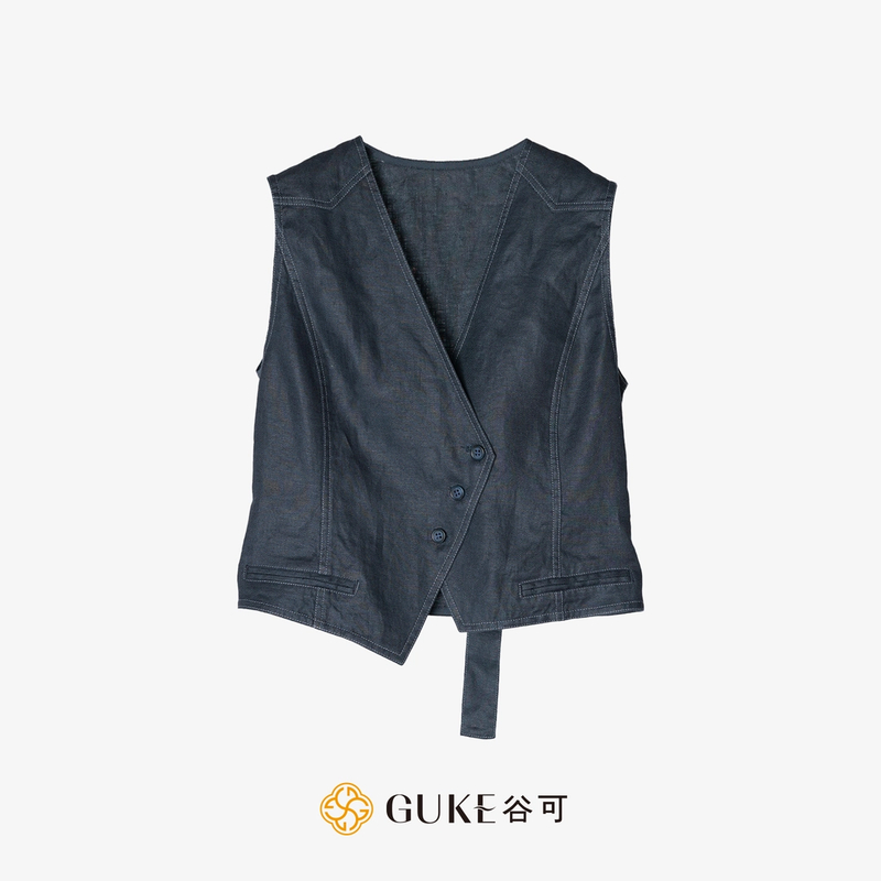 GKE/谷可S3100深蓝色亚麻休闲马甲女款外穿新款国风无袖V领马夹