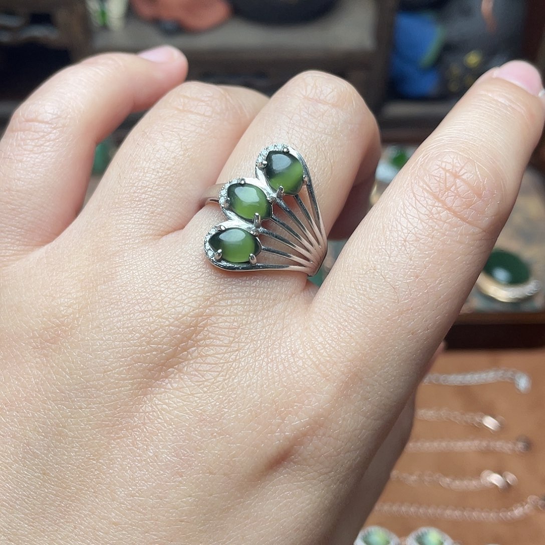 和田玉（碧玉）银S925镶嵌颈饰戒指