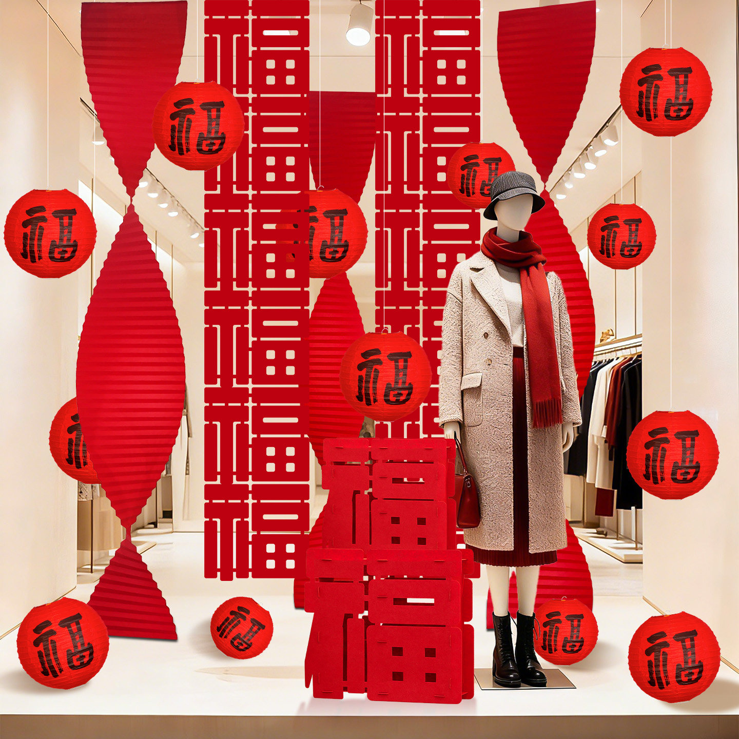 菲寻福字拉花过新年装饰品挂饰2026马年元旦春节商场店铺氛围布置