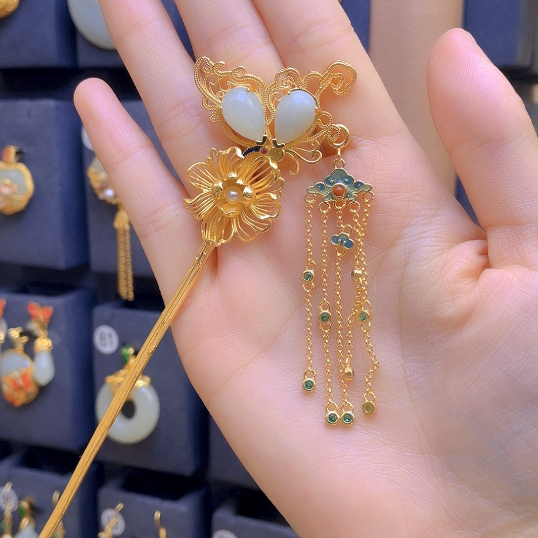 和田玉发簪银S925镀金镶嵌