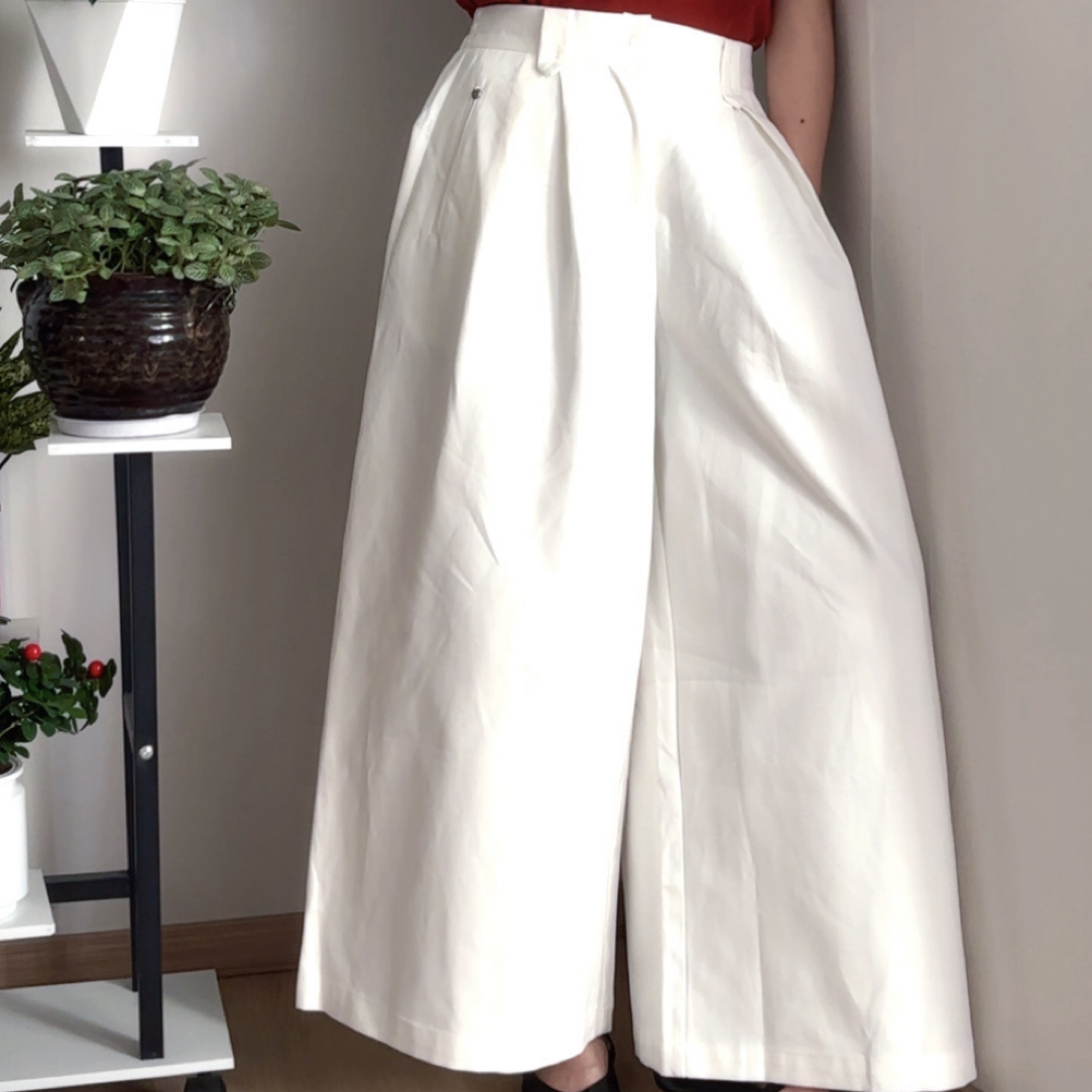 SANBAOMA休闲时尚百搭平腰半松紧腰阔腿阔阔腿裤长裤宽松高腰白色