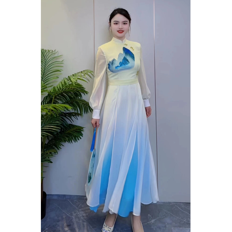 820-2025夏季新款国风山水刺绣立领纱袖渐变色连衣裙女
