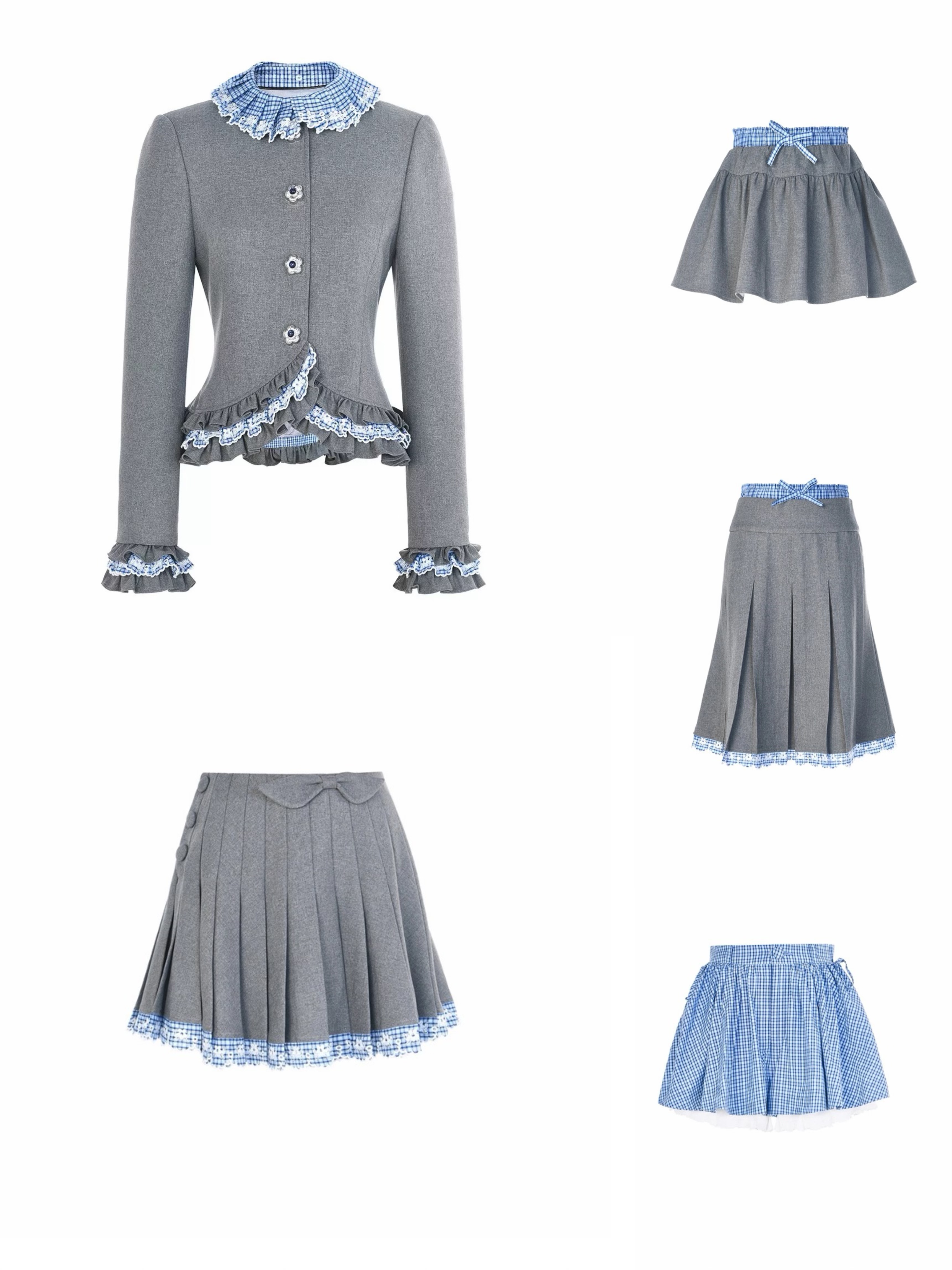 LIULIU（韩系少女）早秋灰调西装短外套格纹花边拼接小众套装裙