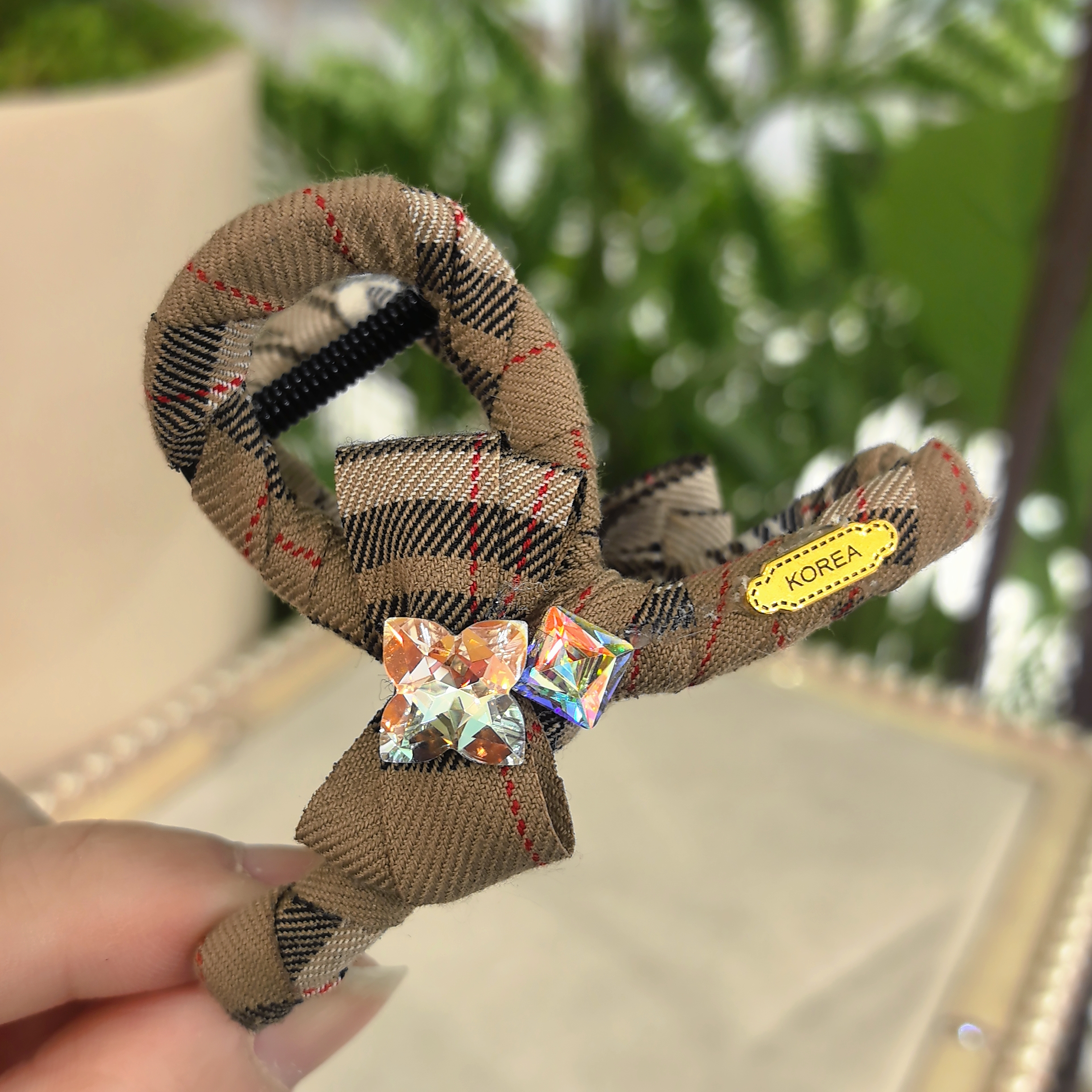 韩系新款精致水晶咖色格子蝴蝶结时尚百搭高八抓夹WM-630