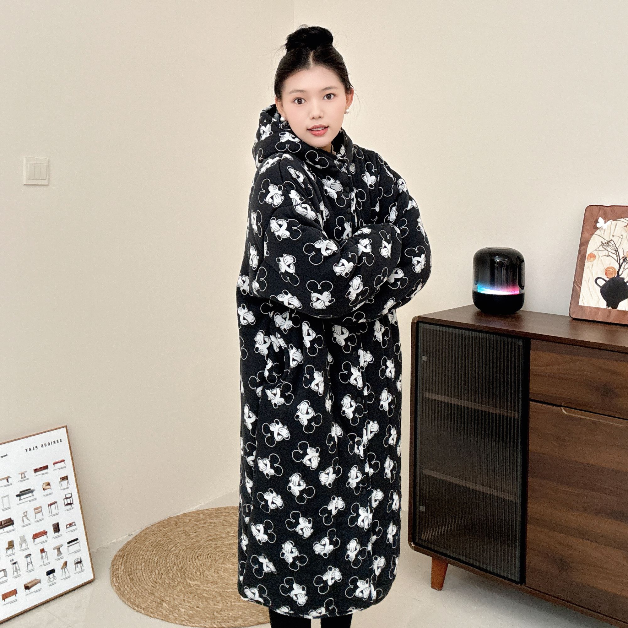 【哈欠米奇】300g新疆棉连帽直筒大长款宽松家居服女保暖棉衣棉服冬