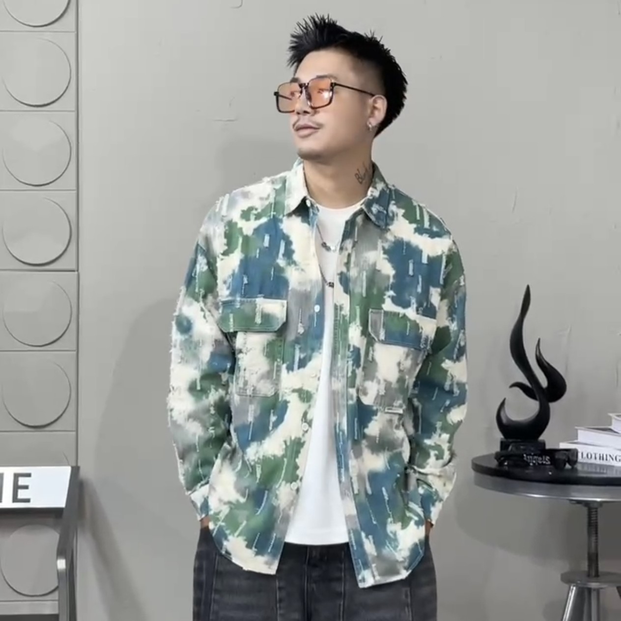秋季扎染印花翻领开衫男士潮流个性长袖衬衫