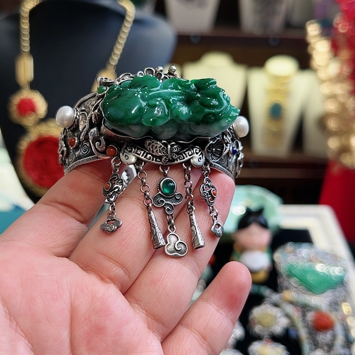 翡翠手镯银S925镶嵌古风