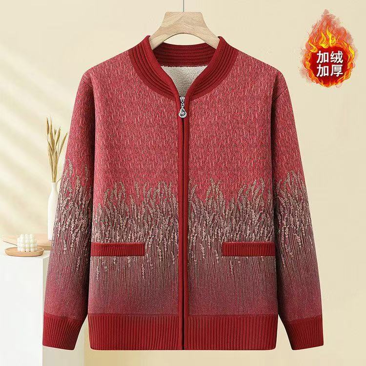 中老年女装中老年秋冬加绒毛衣外套中老年妈妈装开衫