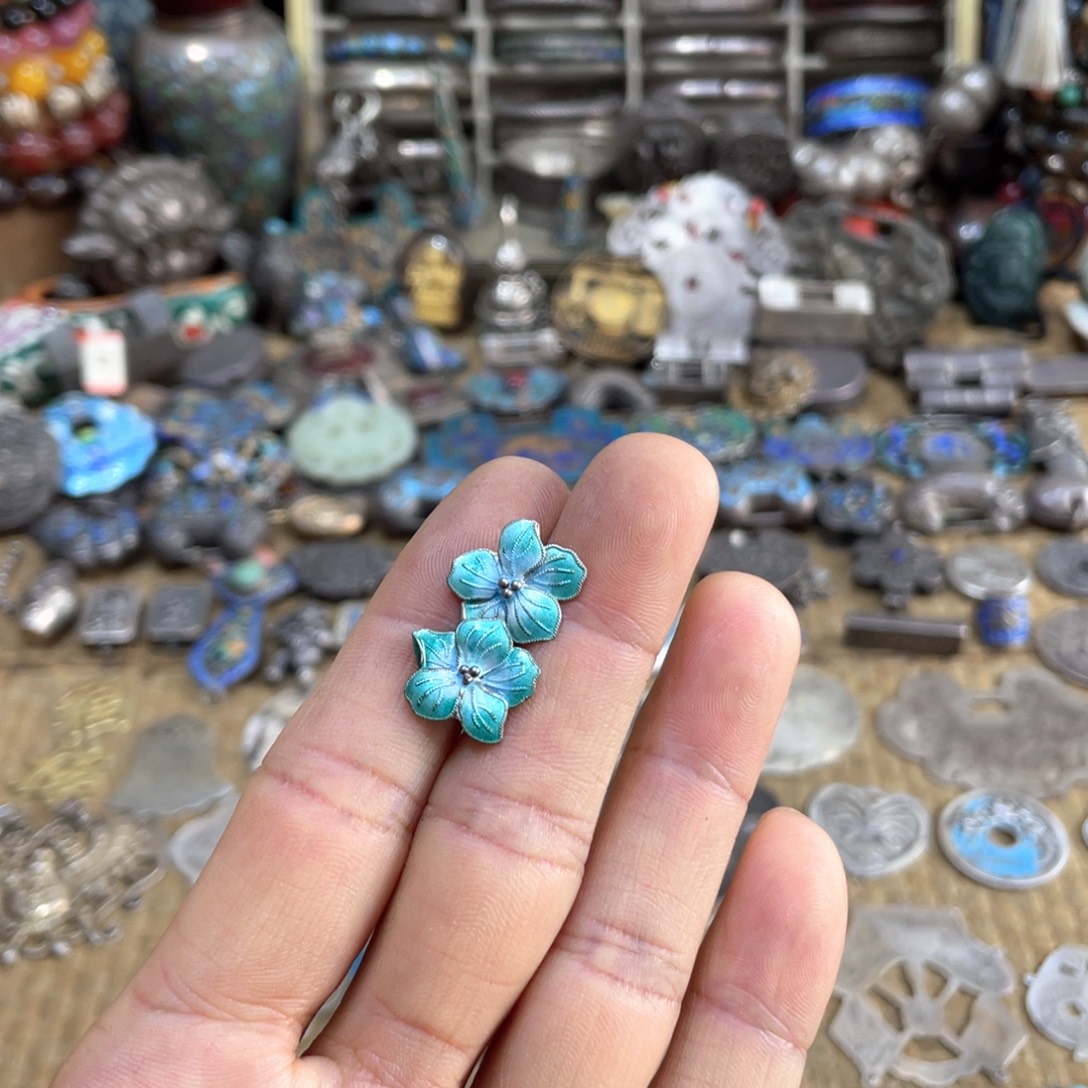 足银珐琅足银耳钉项链