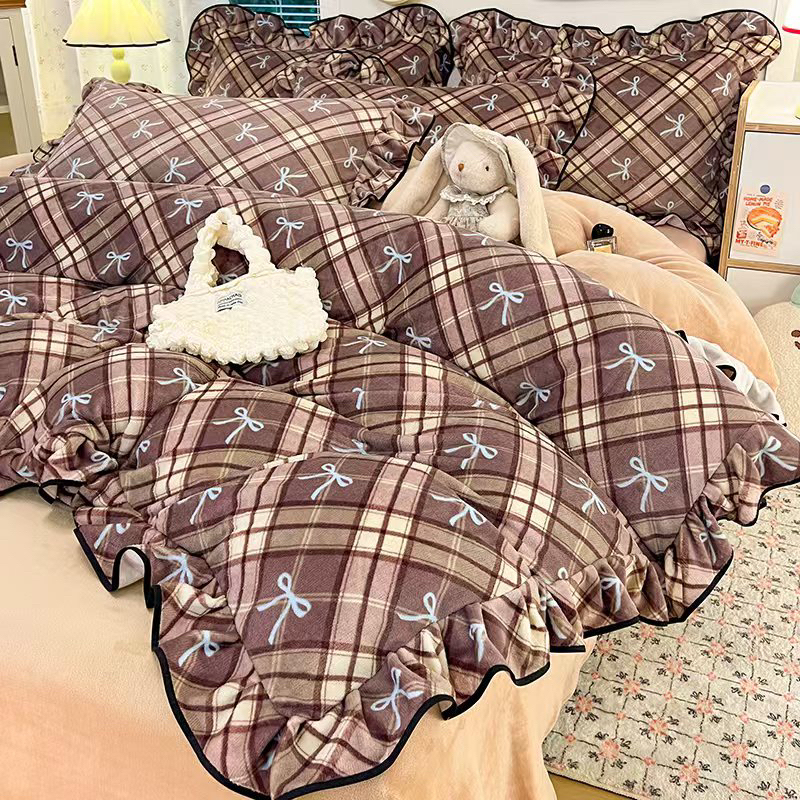✅A类卡通韩版双层花边款加厚牛奶绒床上用品四件套牛奶绒双面绒