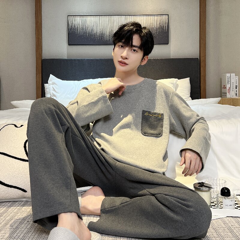 春秋季长袖长裤纯棉大码睡衣男士男生时尚休闲可外穿家居服套装