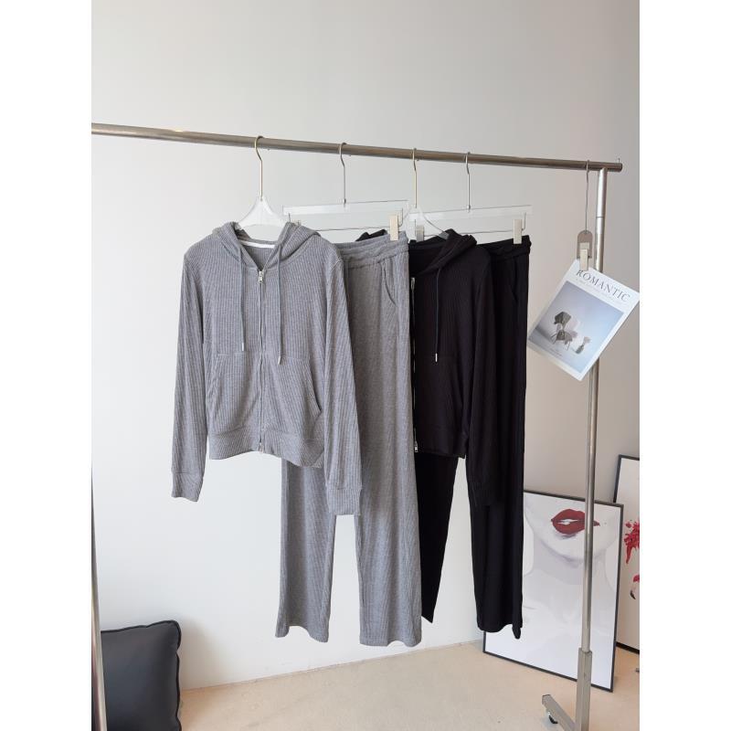 时尚套装时尚开衫上衣条纹连帽宽松套装灰色百搭显瘦