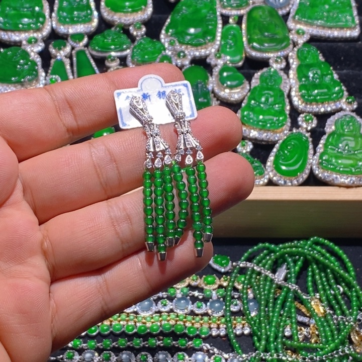 翡翠银S925镶嵌耳饰天然A货翡翠