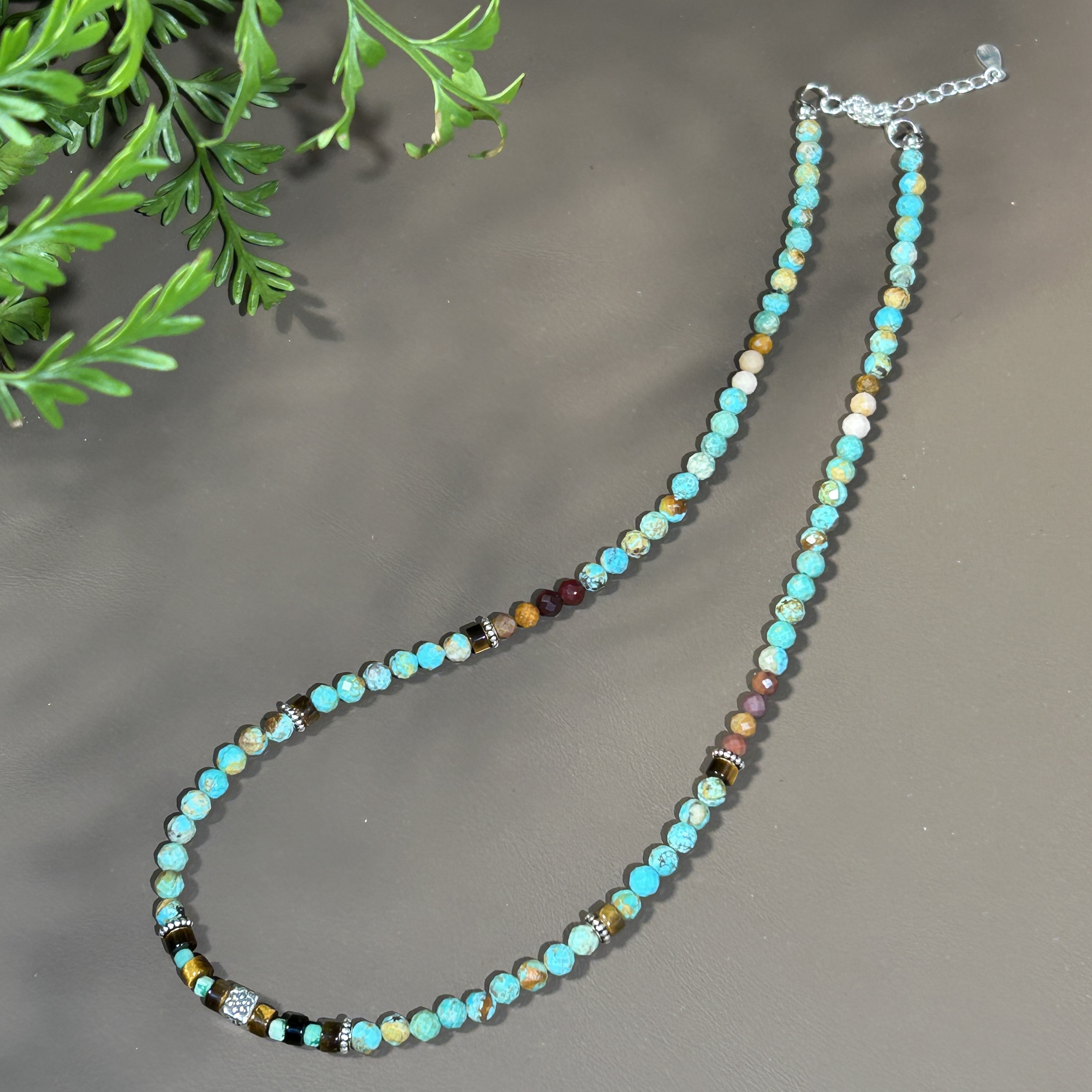 链子925银 蓝绿色4mm切面珠手工串珠细颈链（40厘米+5厘米）