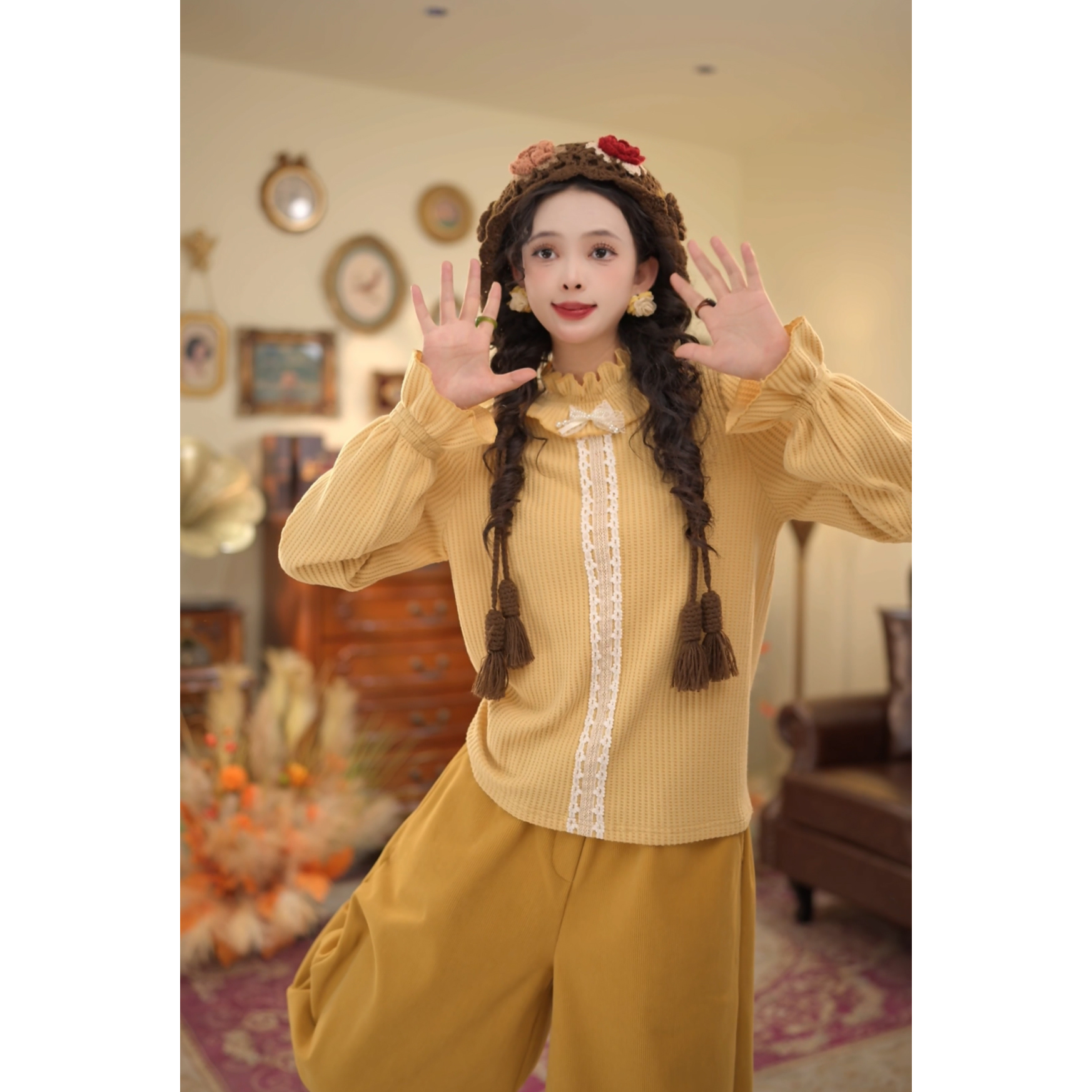 扣子家【巴比伦黄昏】复古港风木耳边厚款立领拼接上衣KK0726544