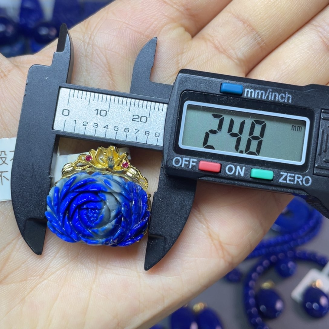 青金石银S925镀金镶嵌24mm牡丹花吊坠