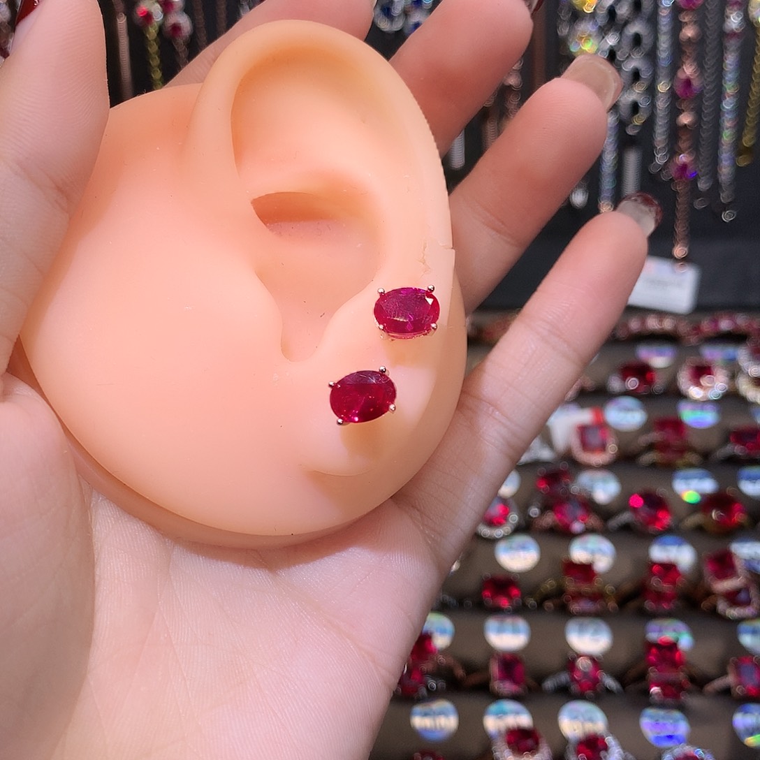 红宝石耳饰银S925镶嵌68玫瑰金