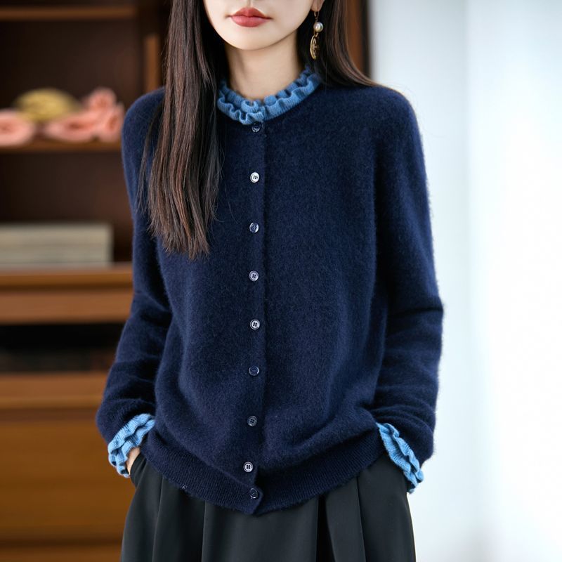 正品撤柜剪标羊毛衫木耳边假两件针织开衫秋冬新款气质外套上衣