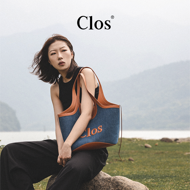 Clos新款Vastote系列头层牛皮拼接牛仔托特包撞色通勤包包