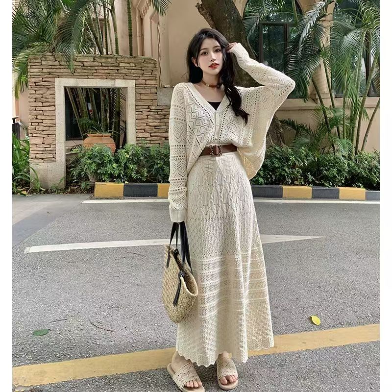 针织衫女新款夏镂空空调衫上衣外搭毛衣开衫外套半身裙两件套装女