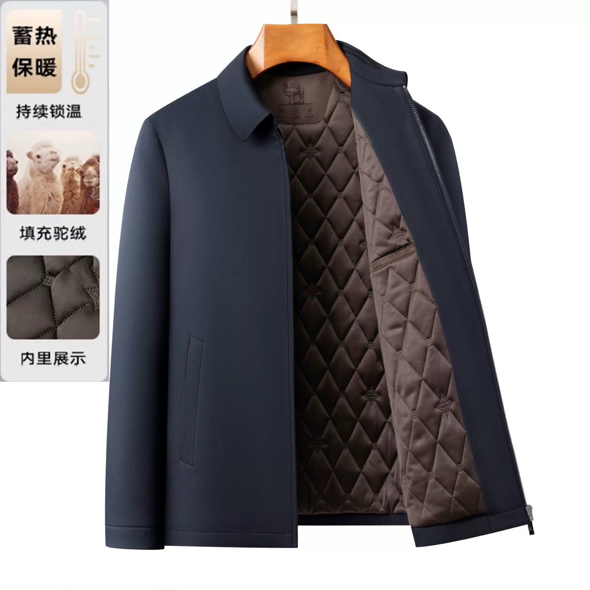 骆驼绒秋冬季翻领棉服拉链棉夹克商务休闲男士保暖爸爸外套