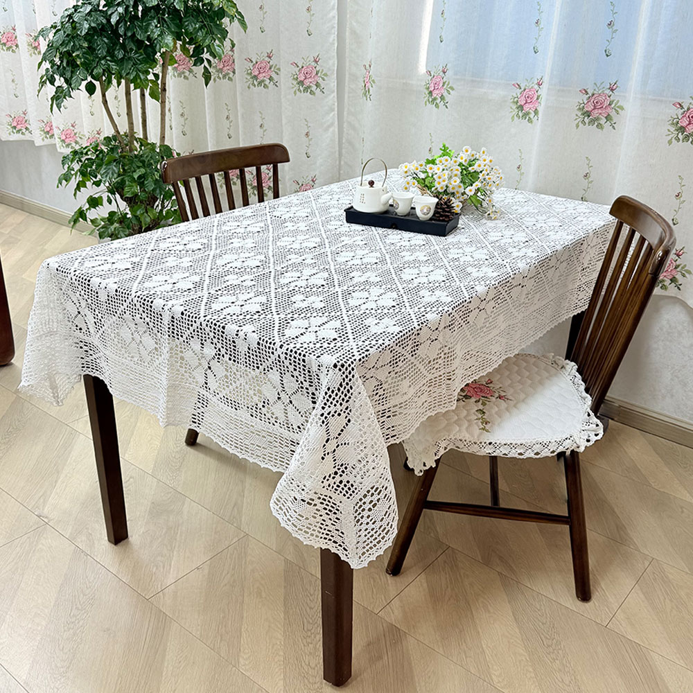 2512【130*180cm】白色田园棉线钩花桌布复古柔软长方形餐桌盖巾