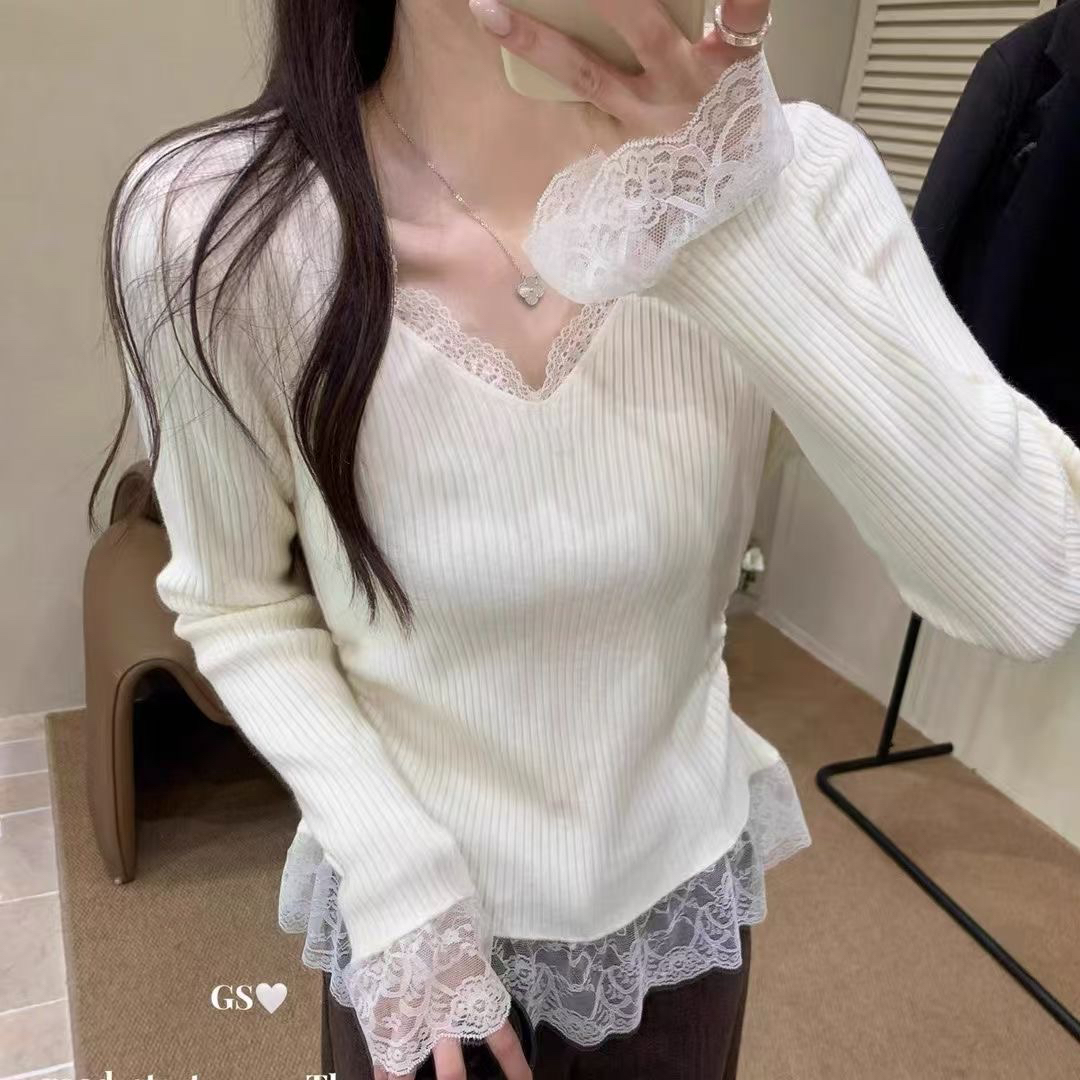 拼接纯色纯欲风V领长袖拼接白色蕾丝上衣