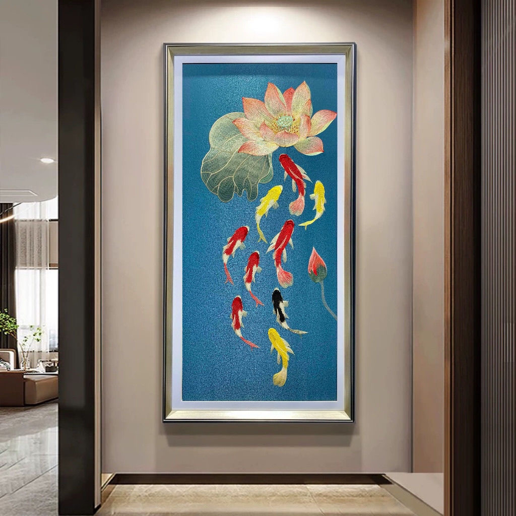 高档九鱼新中式刺绣挂画过道织锦玄关走廊迎门壁画苏绣装饰画竖版
