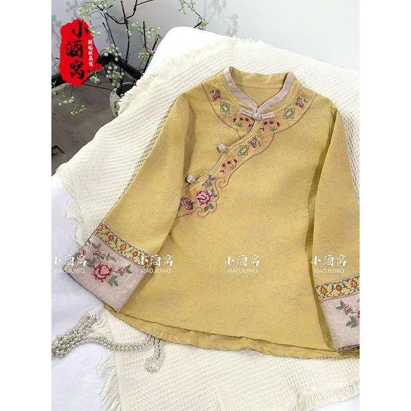 新中式盘扣斜襟刺绣提花秋季新款国风衬衫重工上衣民族风遮肚子
