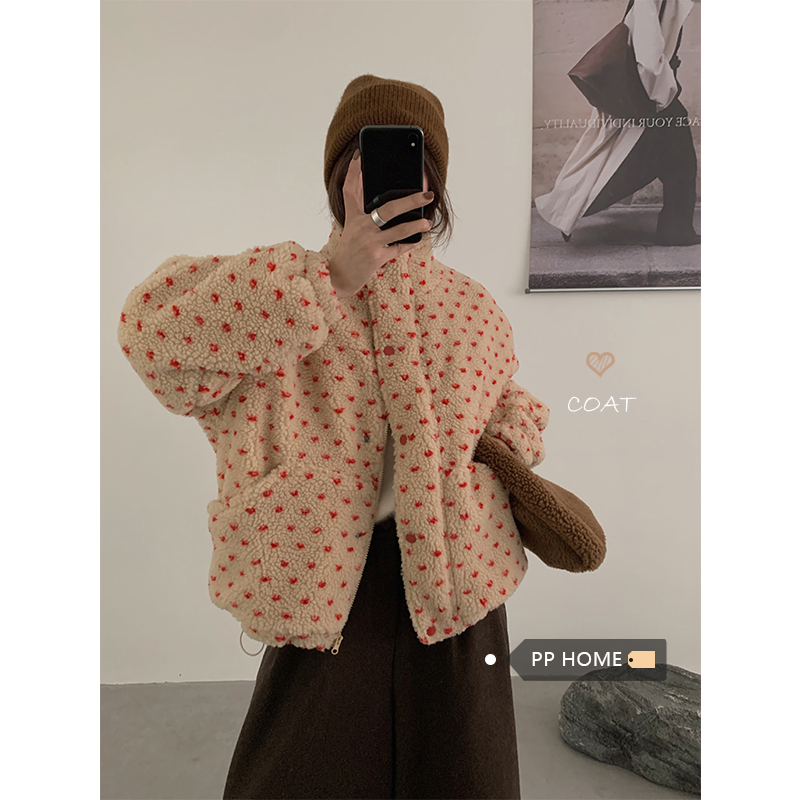 加厚爱心印花立领羊羔毛外套女冬季韩版宽松保暖休闲短棉衣