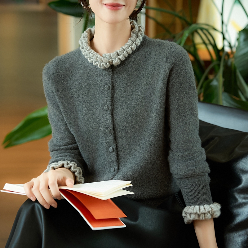 纯羊毛木耳边开衫女外套针织打底衫秋冬百搭毛衣圆领显瘦外搭上衣