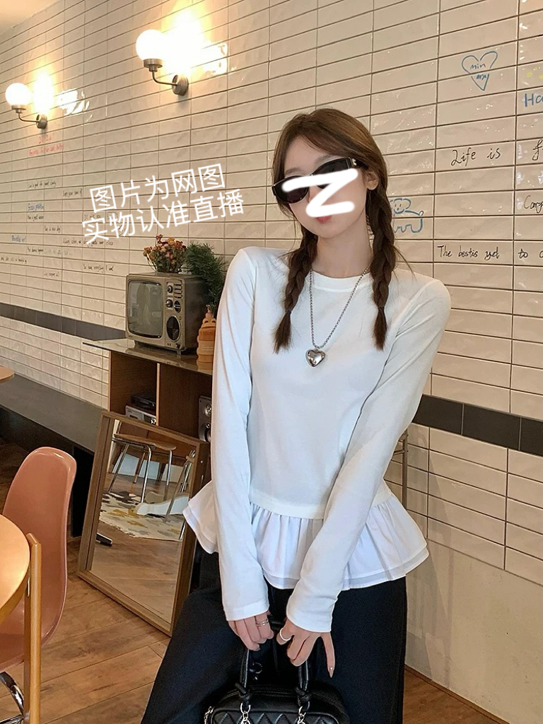 冬季新款韩系拼接底帘设计显瘦百搭长袖打底t恤女6677-1078