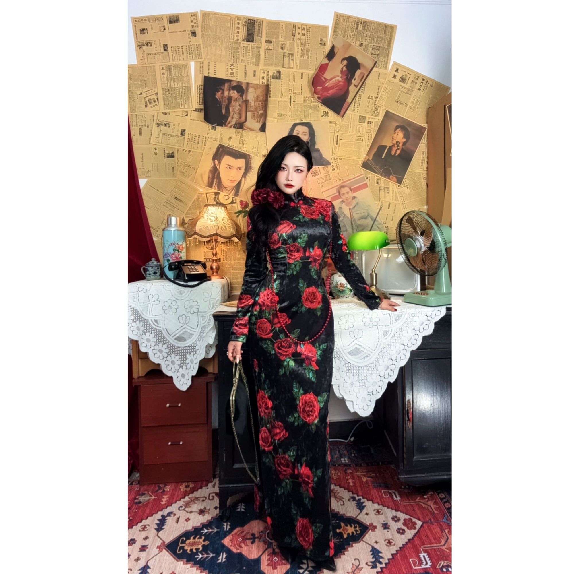 四月芳菲【红玫瑰】原创自制秋冬款弹力钻石绒加绒玫瑰花复古旗袍
