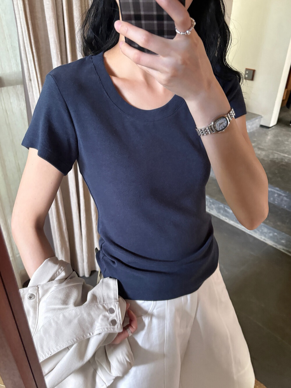 海妖风圆领螺纹chic基础款短袖T恤短袖打底衫设计感
