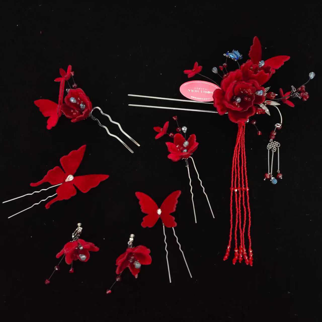 新中式酒红色绒花流苏发钗新娘结婚秀禾敬酒头饰