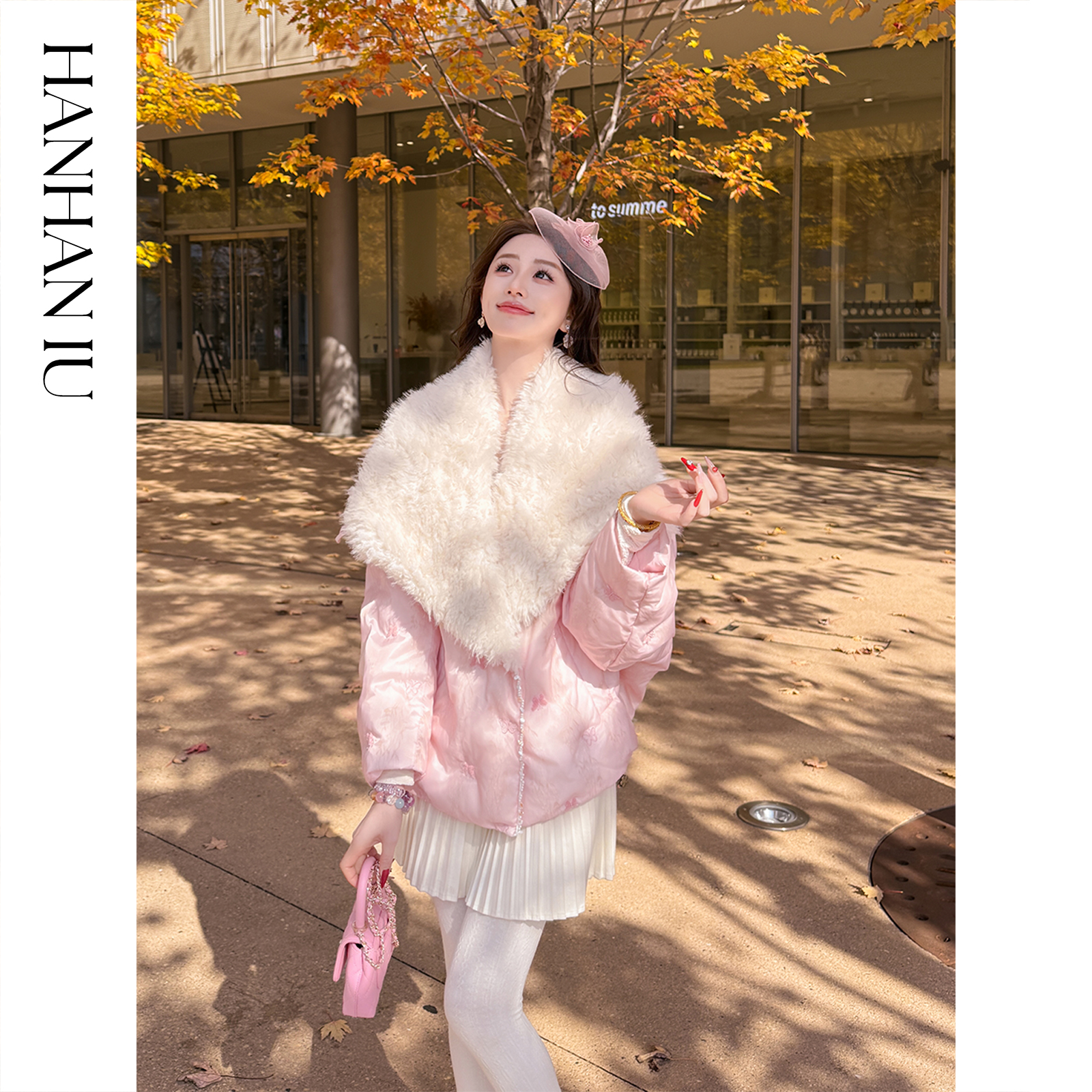 韩韩IU【暗香疏影】90白鸭绒高定芬兰狐狸毛领女士冬季翻领外套