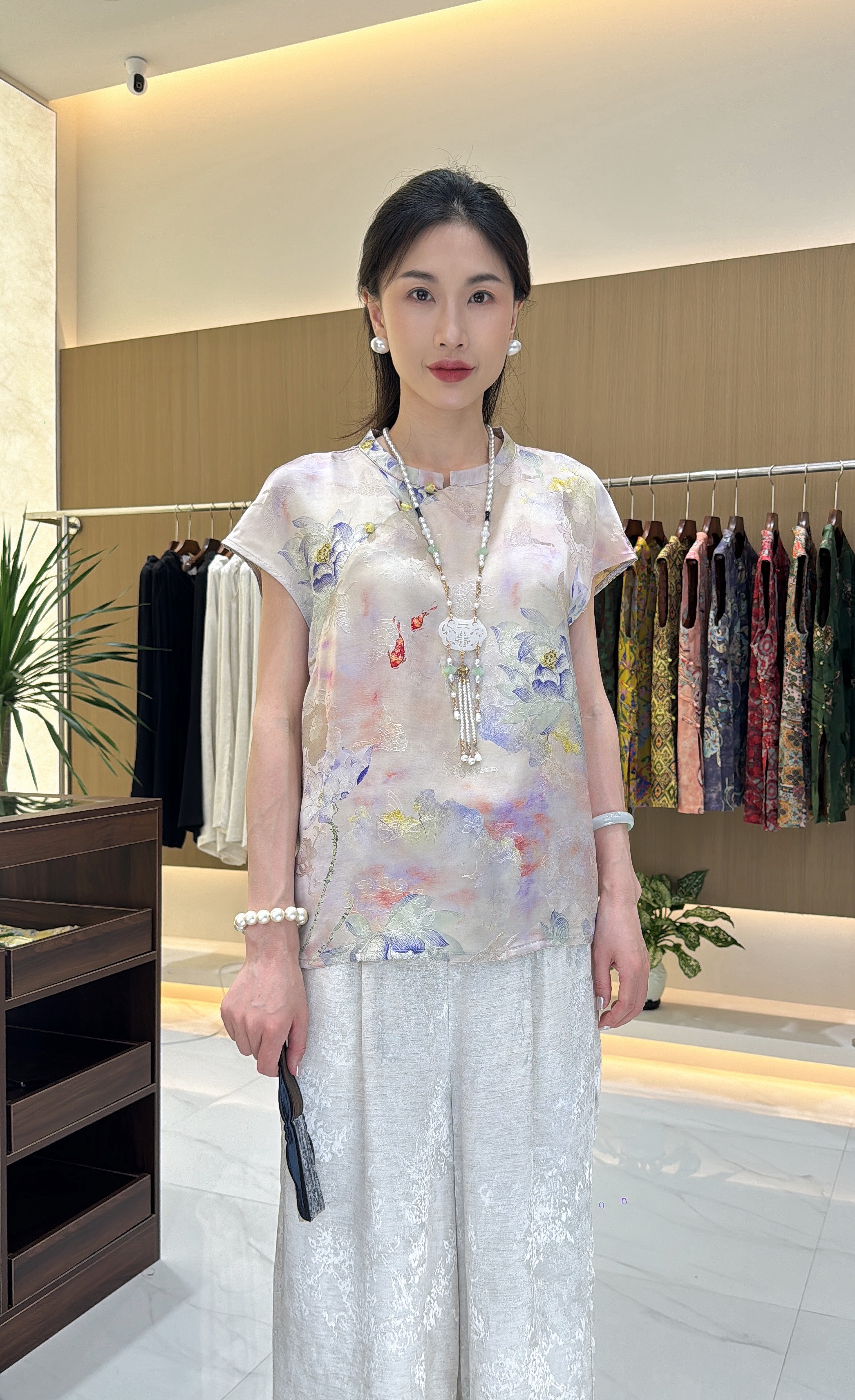 复古斜领提花碎花短袖立领上衣重工背心百搭无袖