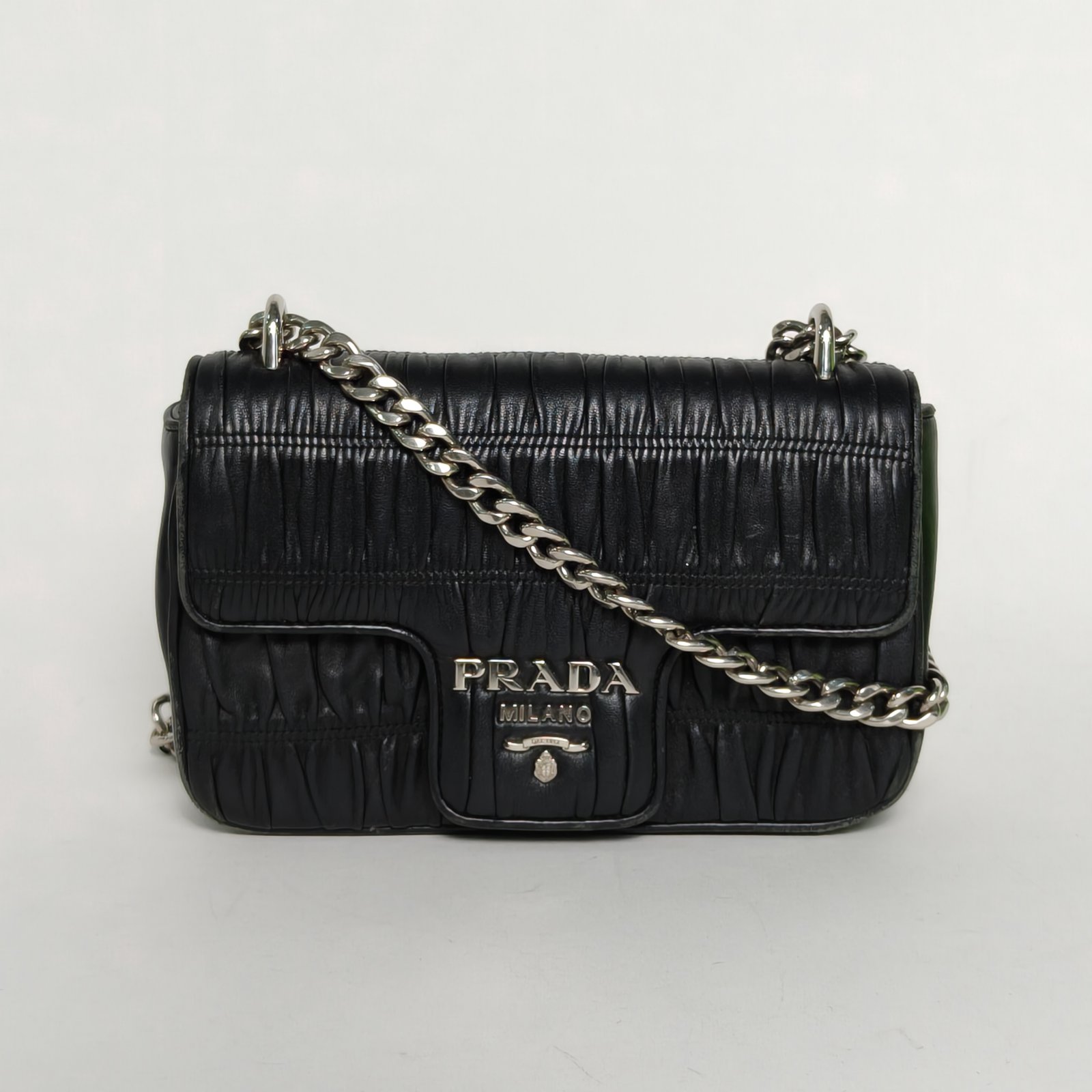 95新 Prada/普拉达 【娇】黑色 皮革S 褶皱 单肩链条包 907851
