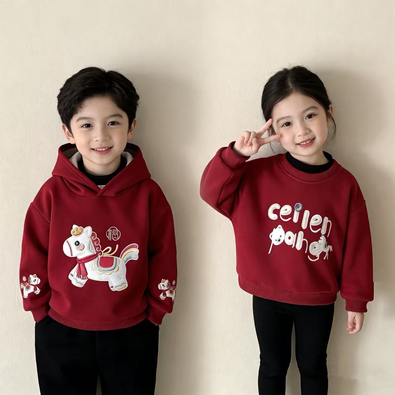 【拜年服】儿童加绒拜年服连帽卫衣男女宝奥粒绒卡通印花洋气内搭