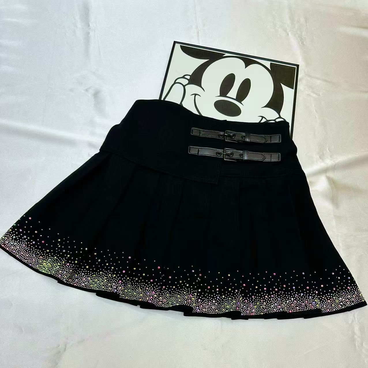 coco家黑色奥钻百褶半身裙高腰时尚休闲松紧腰A字百搭半裙5686