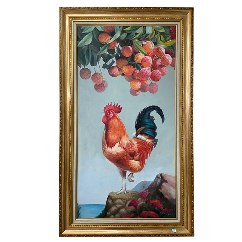 带框纯手绘手工中式动物油画大公鸡红红的荔枝大吉大利