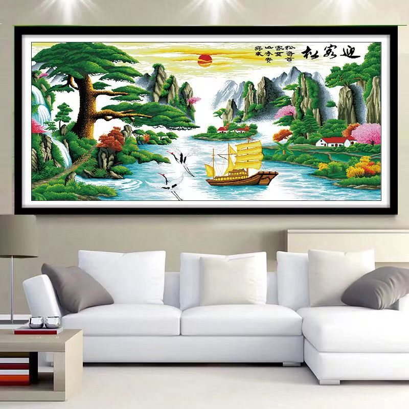 手工十字绣成品迎客松财运版1.66*77