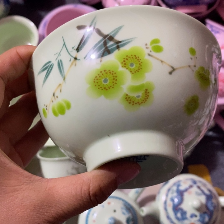 摆件陶5寸绿稀土翠竹绿梅碗