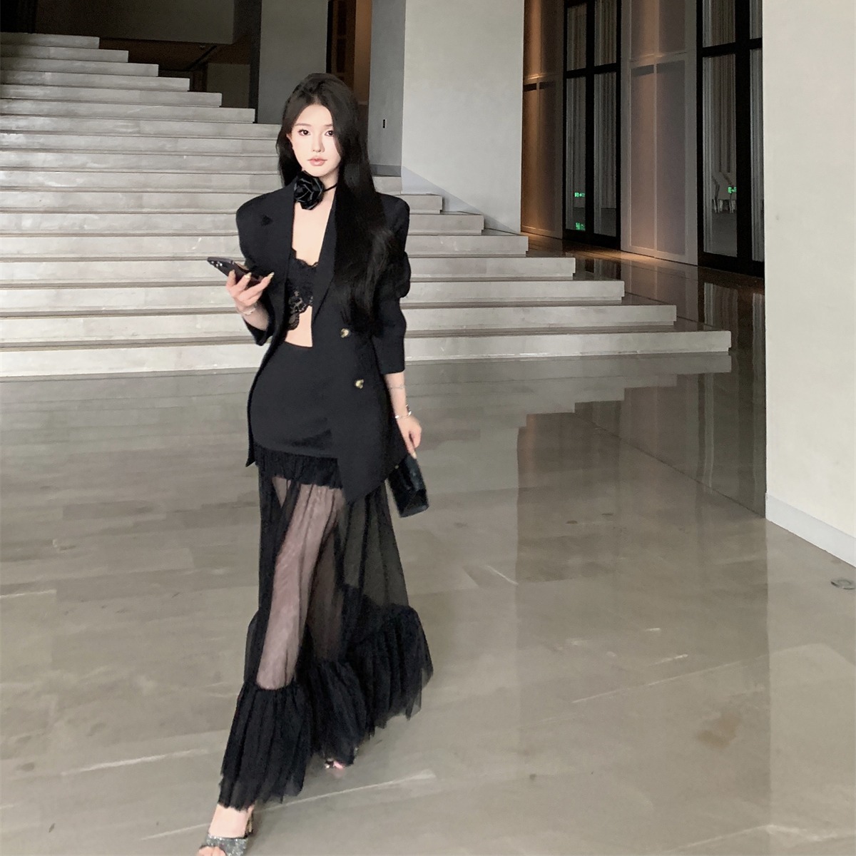 时尚套装女早秋季新款中长款西装外套小吊带高腰包臀网纱拼接长裙