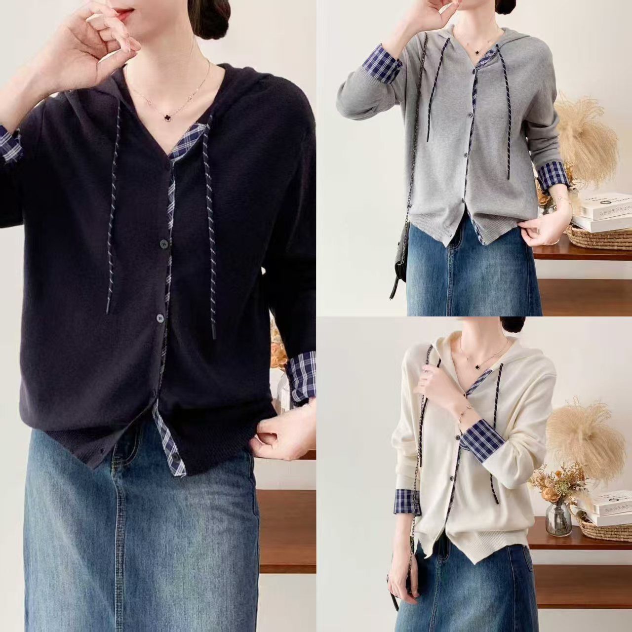 卡洛町大码女装110-200斤秋季新款复古连帽针织衫时尚洋气上衣373