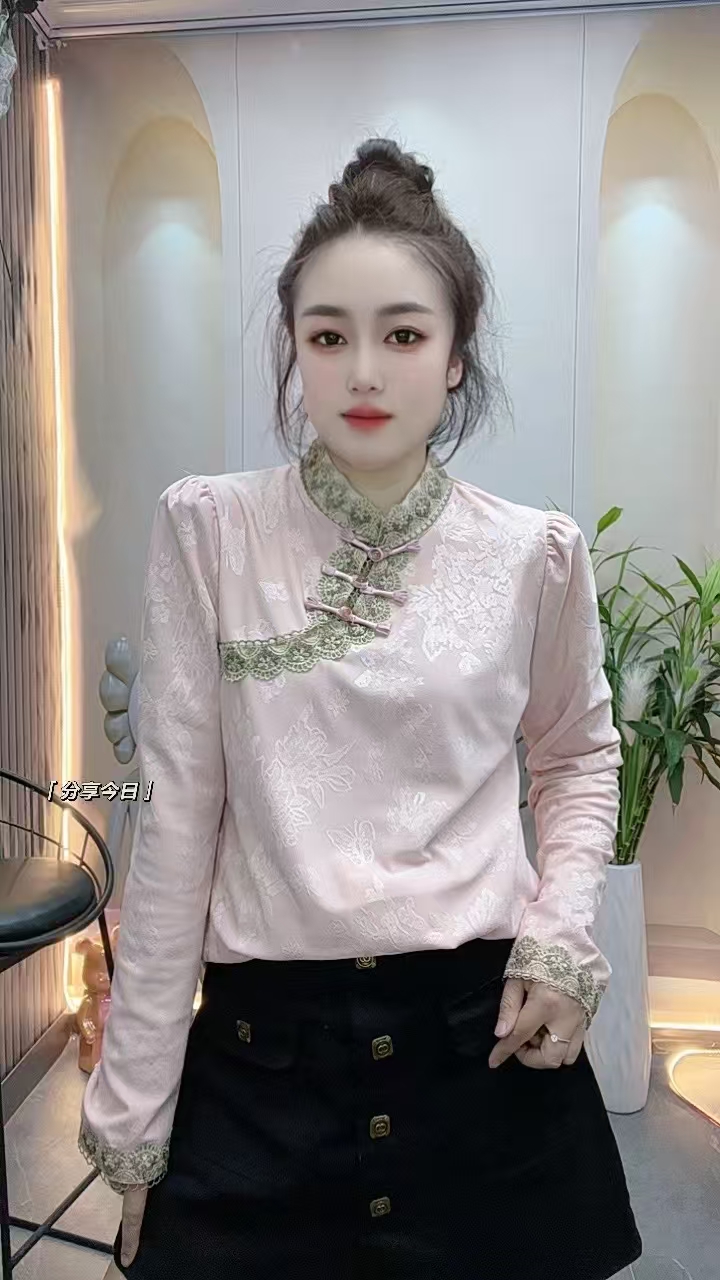 新中式国风提花拼接蕾丝边斜门襟盘扣设计高级感洋气时尚上衣女