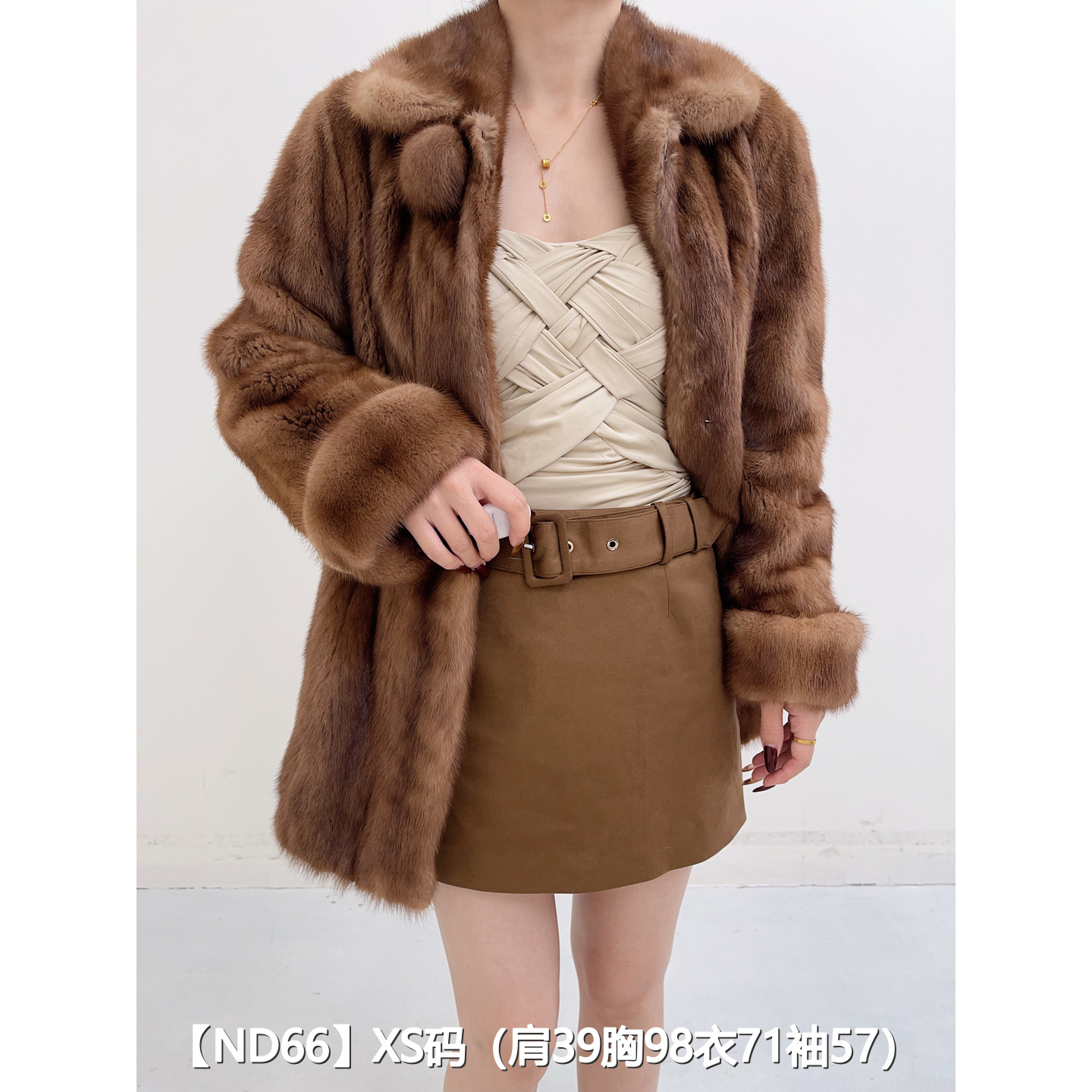 【ND66】XS 蜜茶棕短款全抽貂皮大衣外套女 娃娃领挽袖 04066