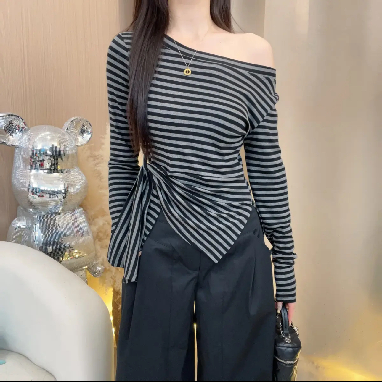 条纹女长袖薄款T恤韩版一字肩2025秋季设计感别致绑带收腰上衣