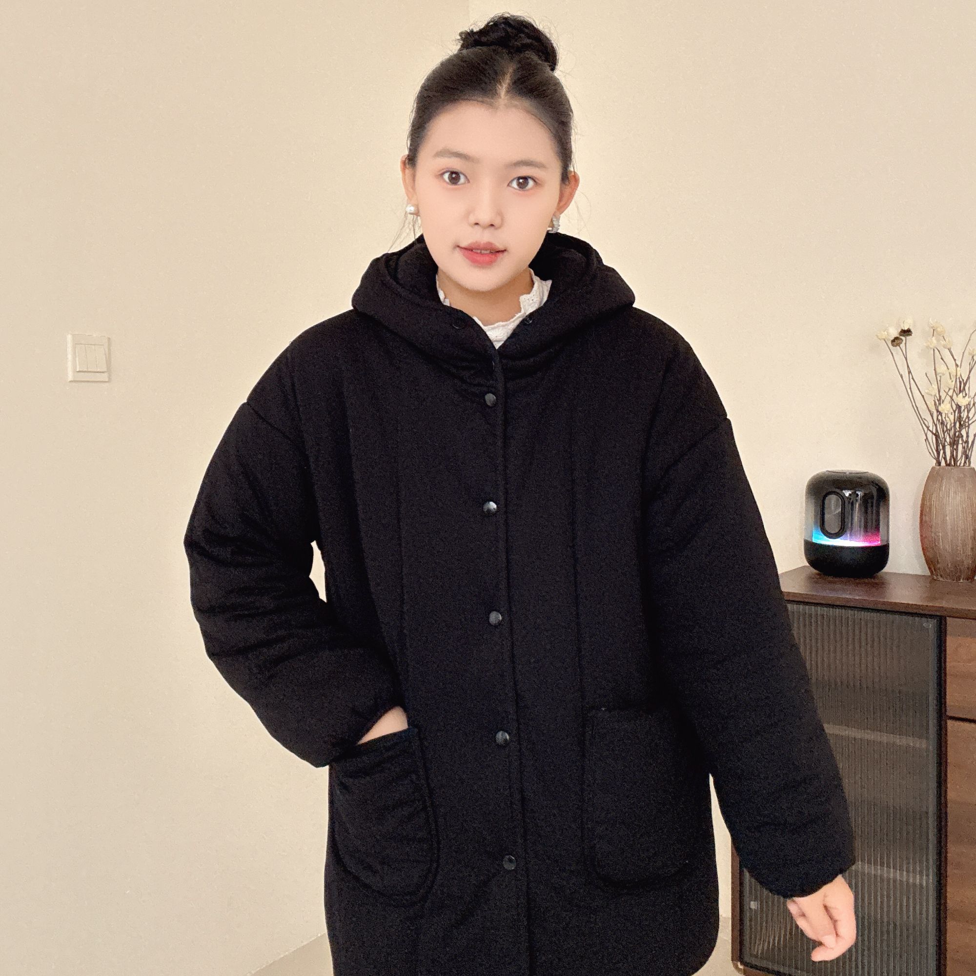 【纯黑色连帽开叉中长款】300g新疆棉印花宽松家居服女保暖棉衣棉服