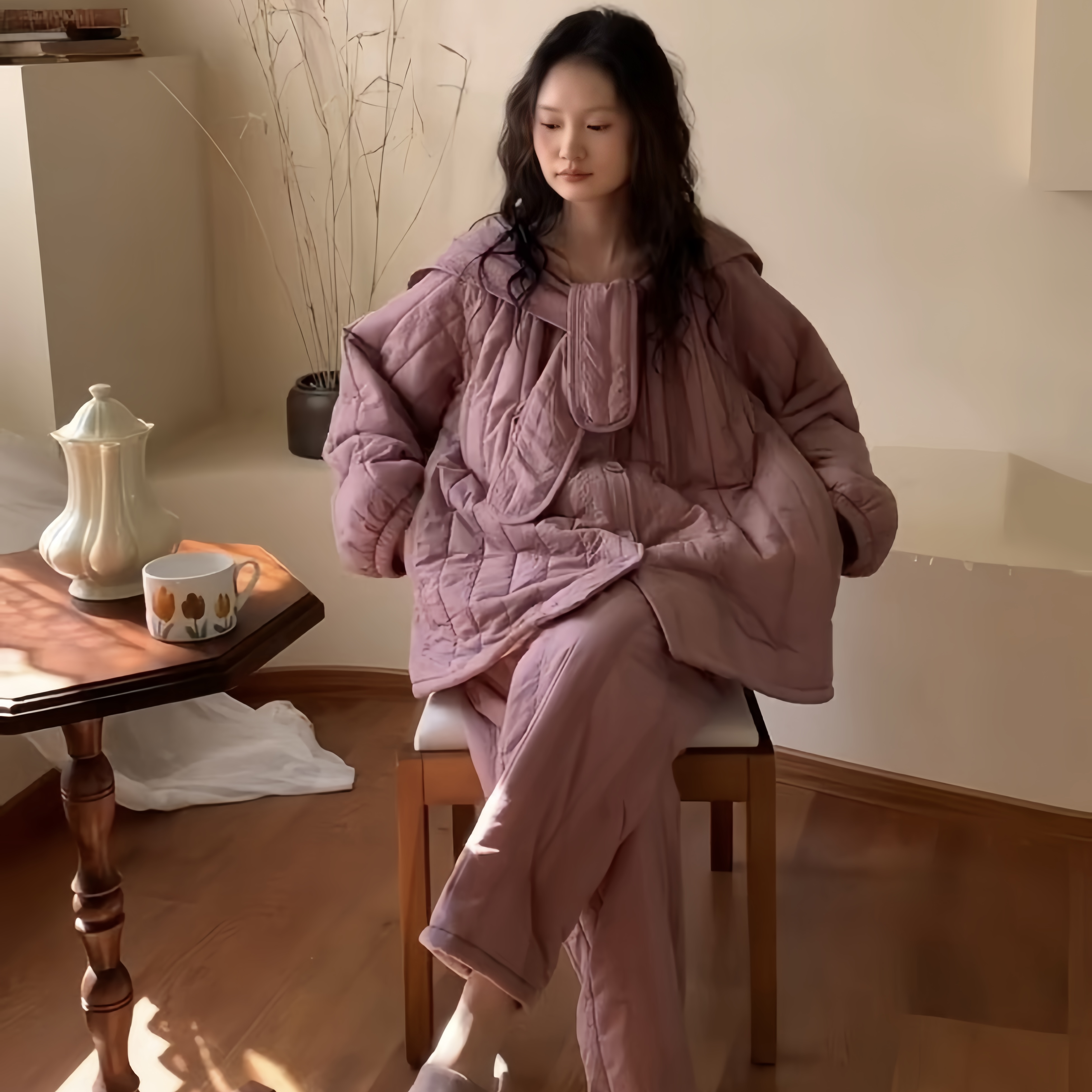 秋冬季新款睡衣女三层加厚夹棉保暖科技紫色休闲家居服冬天套装